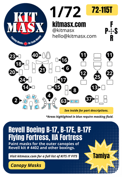 Revell Boeing B-17, B-17E, B-17F Flying Fortress, IIA Fortress 1/72 Canopy Paint Masks, Kit # 4402
