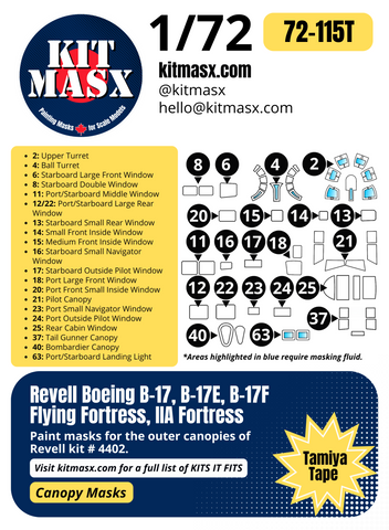 Revell Boeing B-17, B-17E, B-17F Flying Fortress, IIA Fortress 1/72 Canopy Paint Masks, Kit # 4402