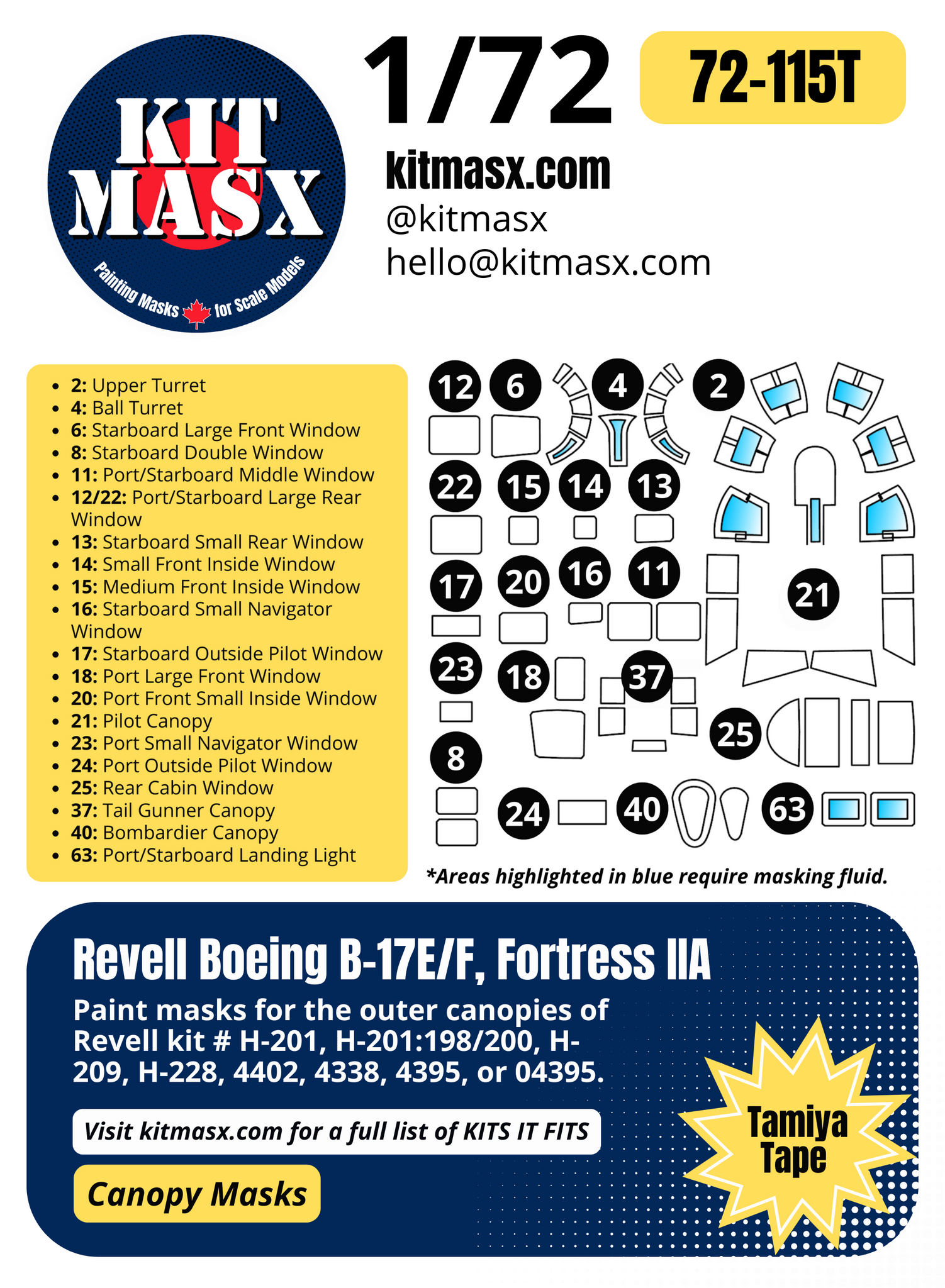 Revell Boeing B-17E/F, Fortress IIA 1/72 Canopy Paint Masks, Kit # 4402