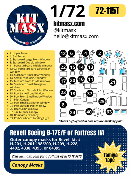 Revell Boeing B-17E/F or Fortress IIA 1/72 Canopy Paint Masks