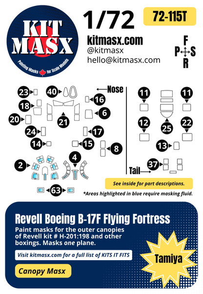 Revell Boeing B-17F Flying Fortress 1/72 Canopy Paint Masks, Kit # H-201:198 (72115)