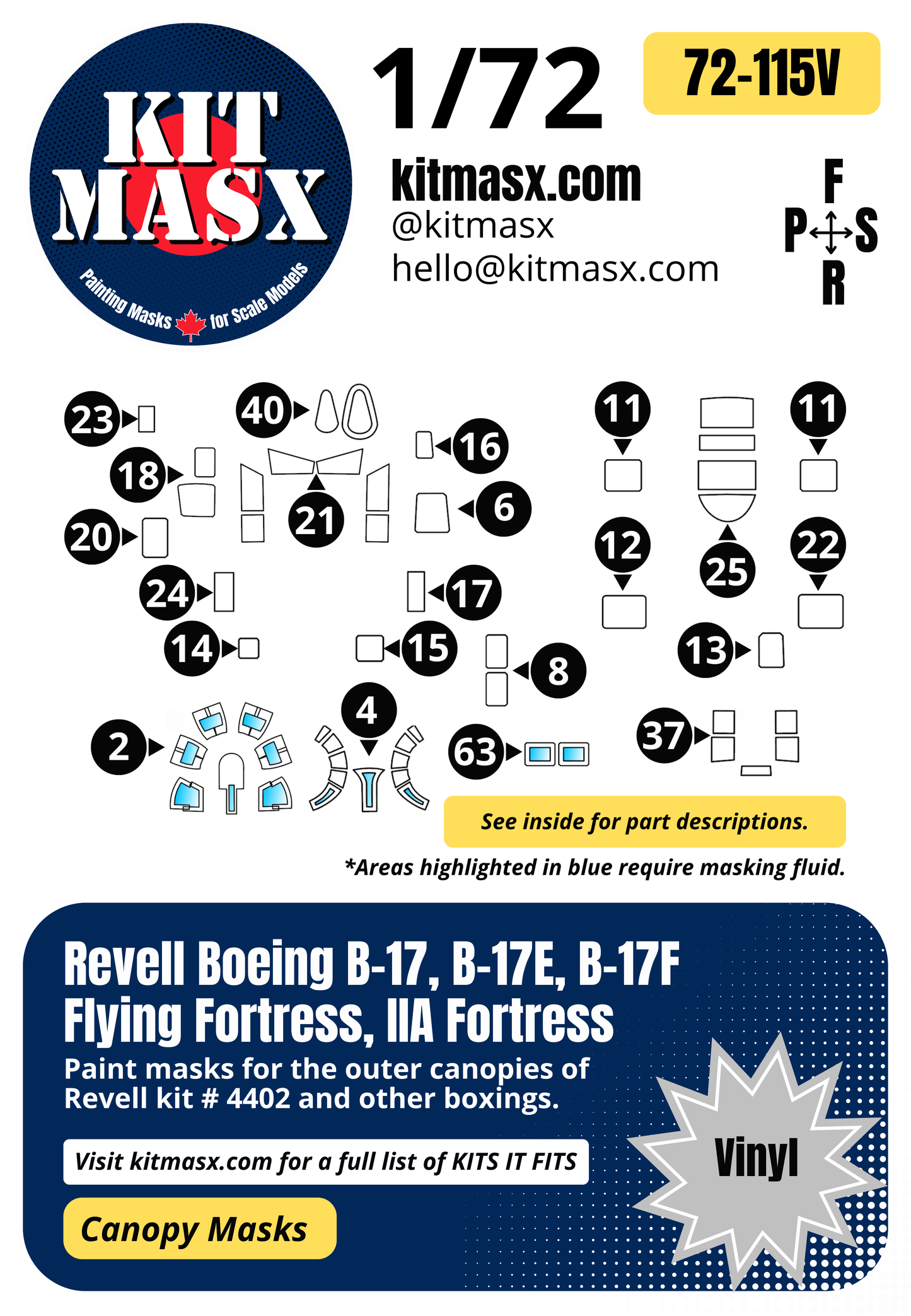 Revell Boeing B-17, B-17E, B-17F Flying Fortress, IIA Fortress 1/72 Canopy Paint Masks, Kit # 4402