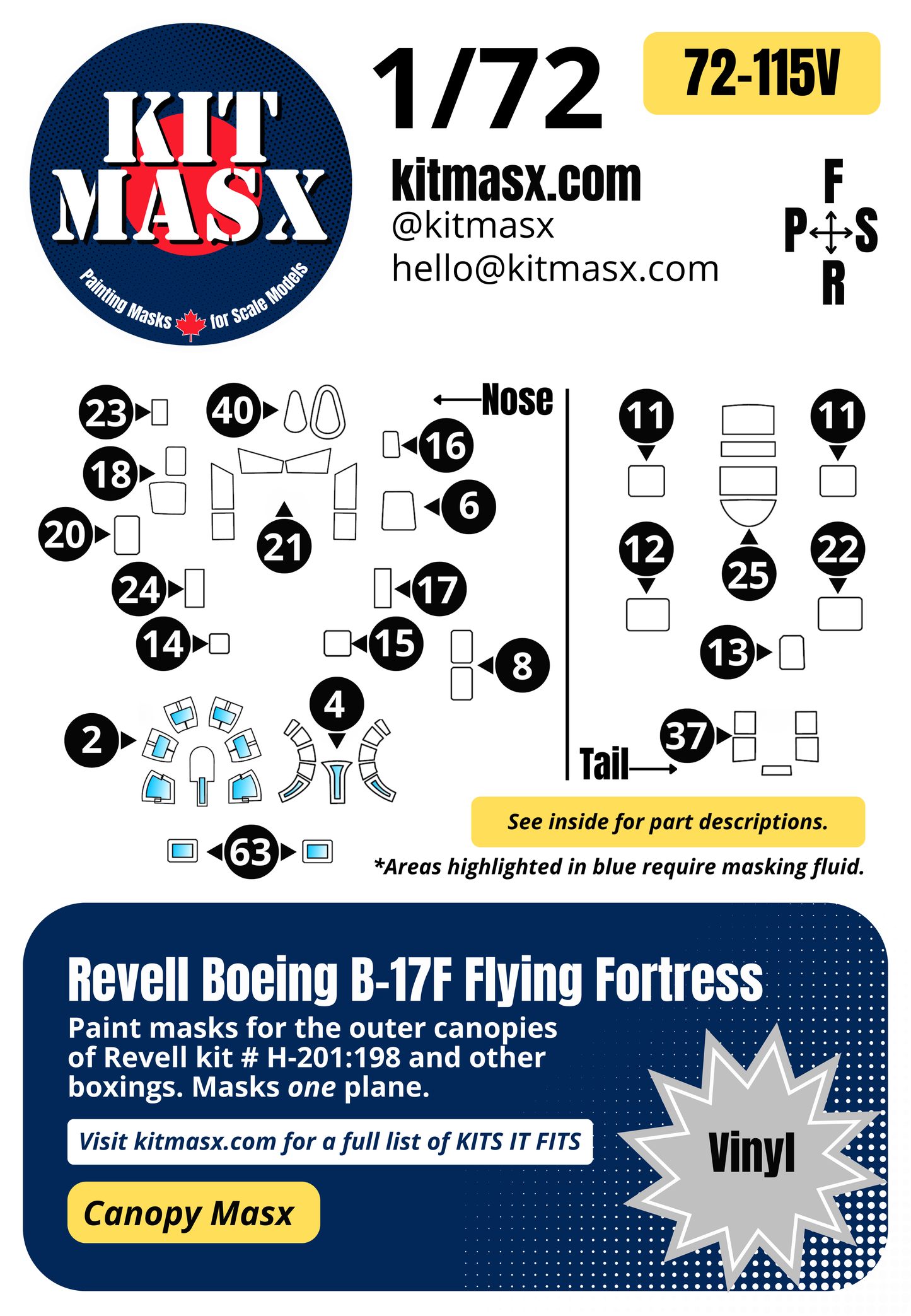 Revell Boeing B-17F Flying Fortress 1/72 Canopy Paint Masks, Kit # H-201:198 (72115)