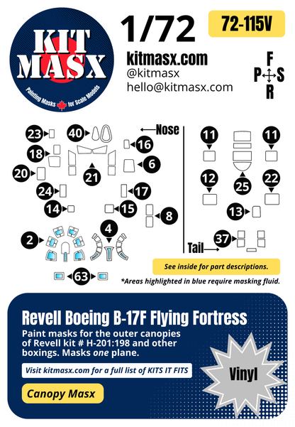 Revell Boeing B-17F Flying Fortress 1/72 Canopy Paint Masks, Kit # H-201:198 (72115)