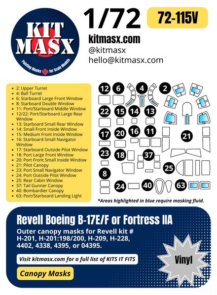 Revell Boeing B-17E/F or Fortress IIA 1/72 Canopy Paint Masks