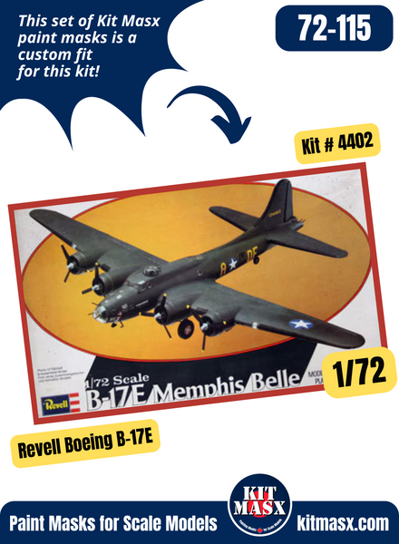 Revell Boeing B-17, B-17E, B-17F Flying Fortress, IIA Fortress 1/72 Canopy Paint Masks, Kit # 4402