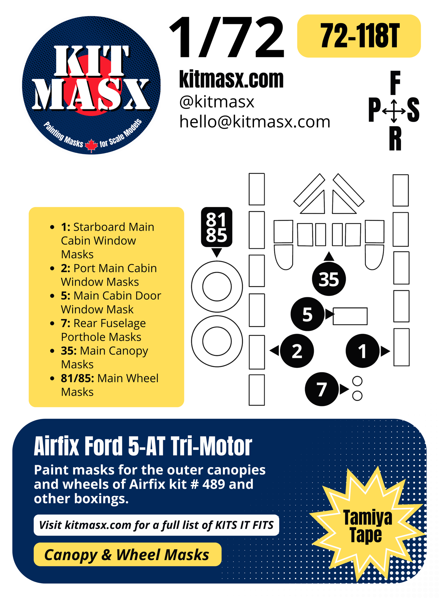 Airfix Ford 5-AT Tri-Motor 1/72 Canopy & Wheel Paint Masks, Kit # 489