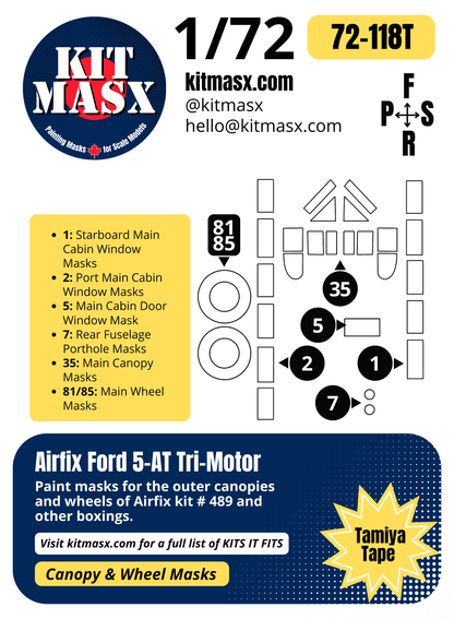 Airfix Ford 5-AT Tri-Motor 1/72 Canopy & Wheel Paint Masks, Kit # 489