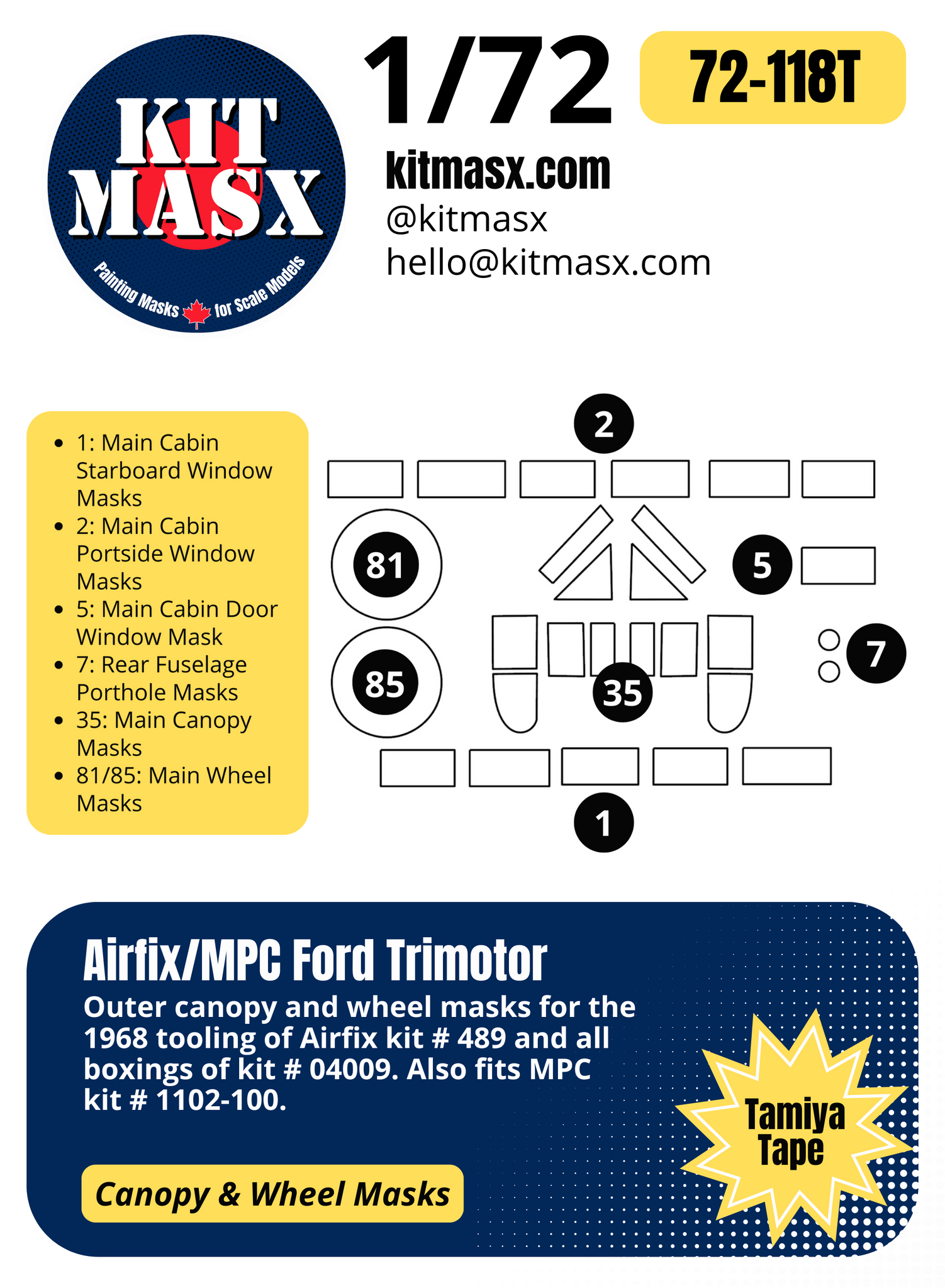 Airfix/MPC Ford Trimotor 1/72 Canopy & Wheel Paint Masks