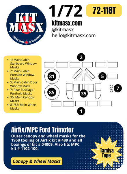 Airfix/MPC Ford Trimotor 1/72 Canopy & Wheel Paint Masks