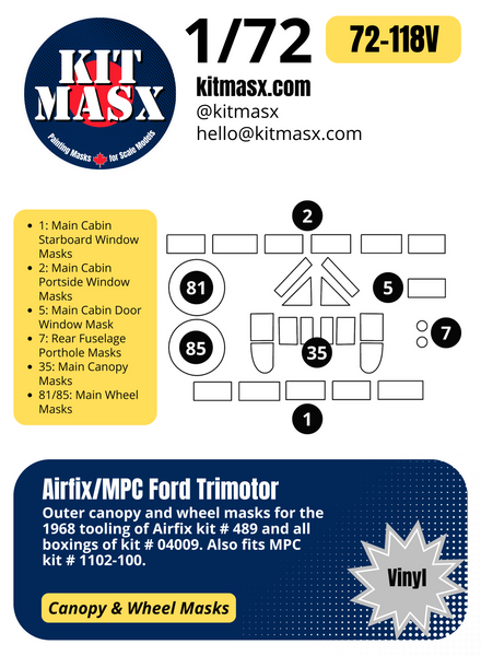 Airfix/MPC Ford Trimotor 1/72 Canopy & Wheel Paint Masks