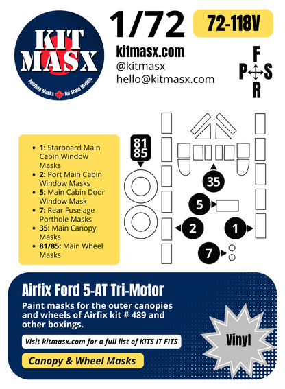 Airfix Ford 5-AT Tri-Motor 1/72 Canopy & Wheel Paint Masks, Kit # 489