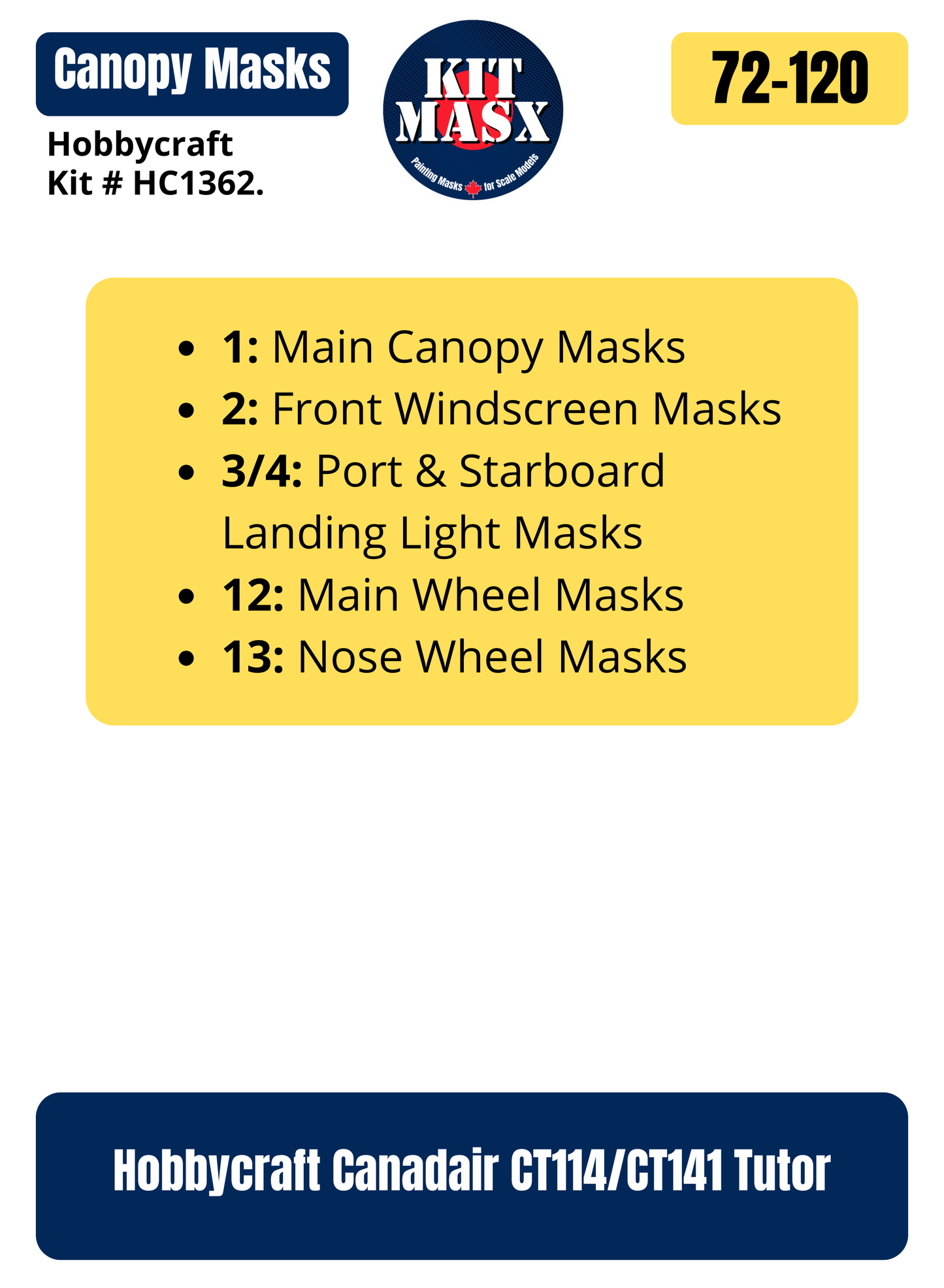 Hobbycraft Canadair CT114/CT141 Tutor 1/72 Canopy & Wheel Paint Masks, Kit # HC1362