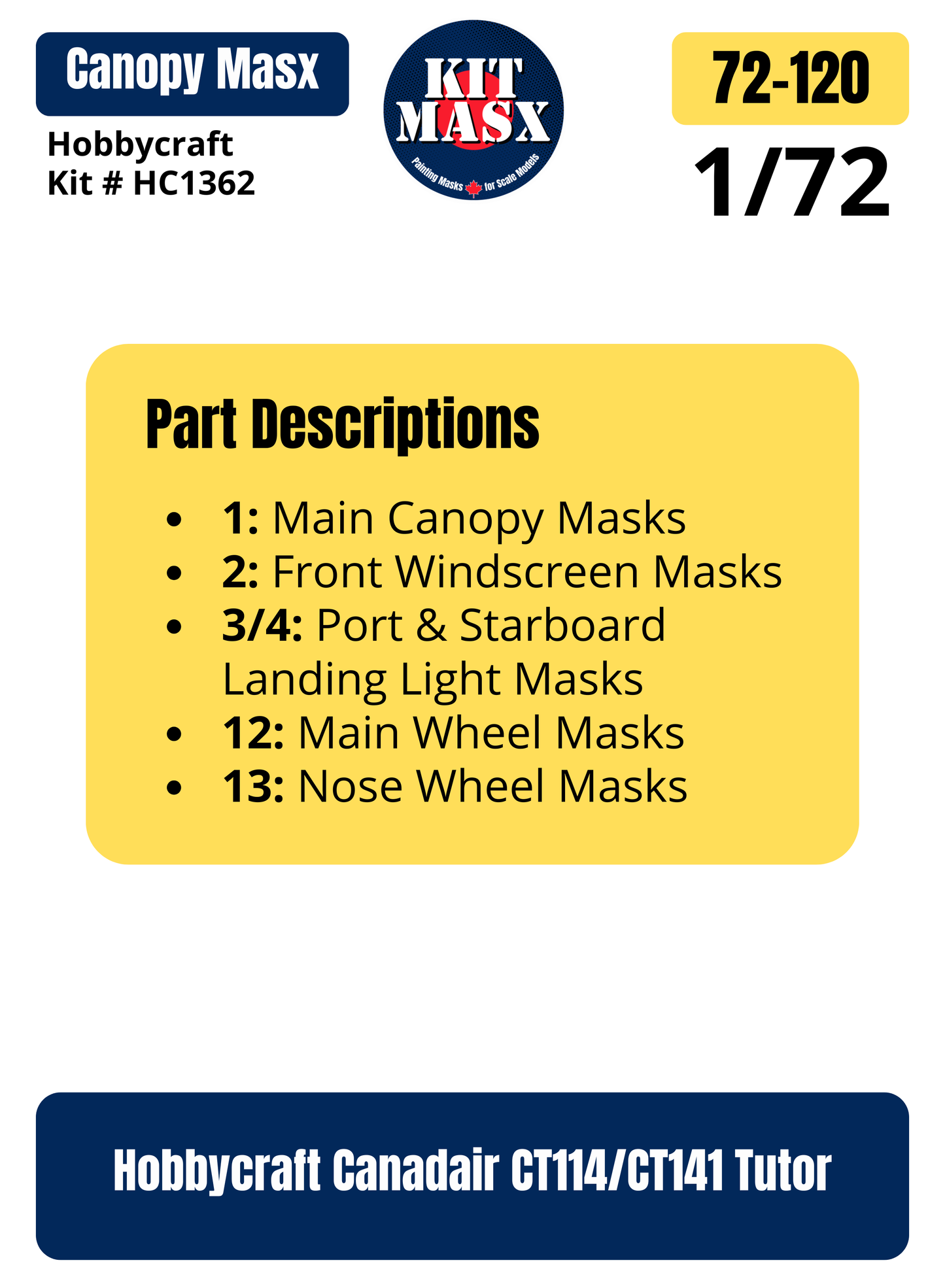 Hobbycraft Canadair CT114/CT141 Tutor 1/72 Canopy & Wheel Paint Masks, Kit # HC1362 (72120)