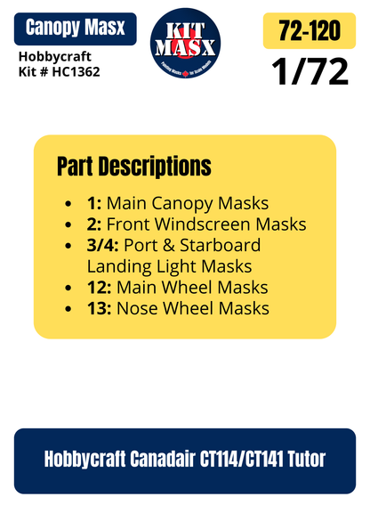 Hobbycraft Canadair CT114/CT141 Tutor 1/72 Canopy & Wheel Paint Masks, Kit # HC1362 (72120)