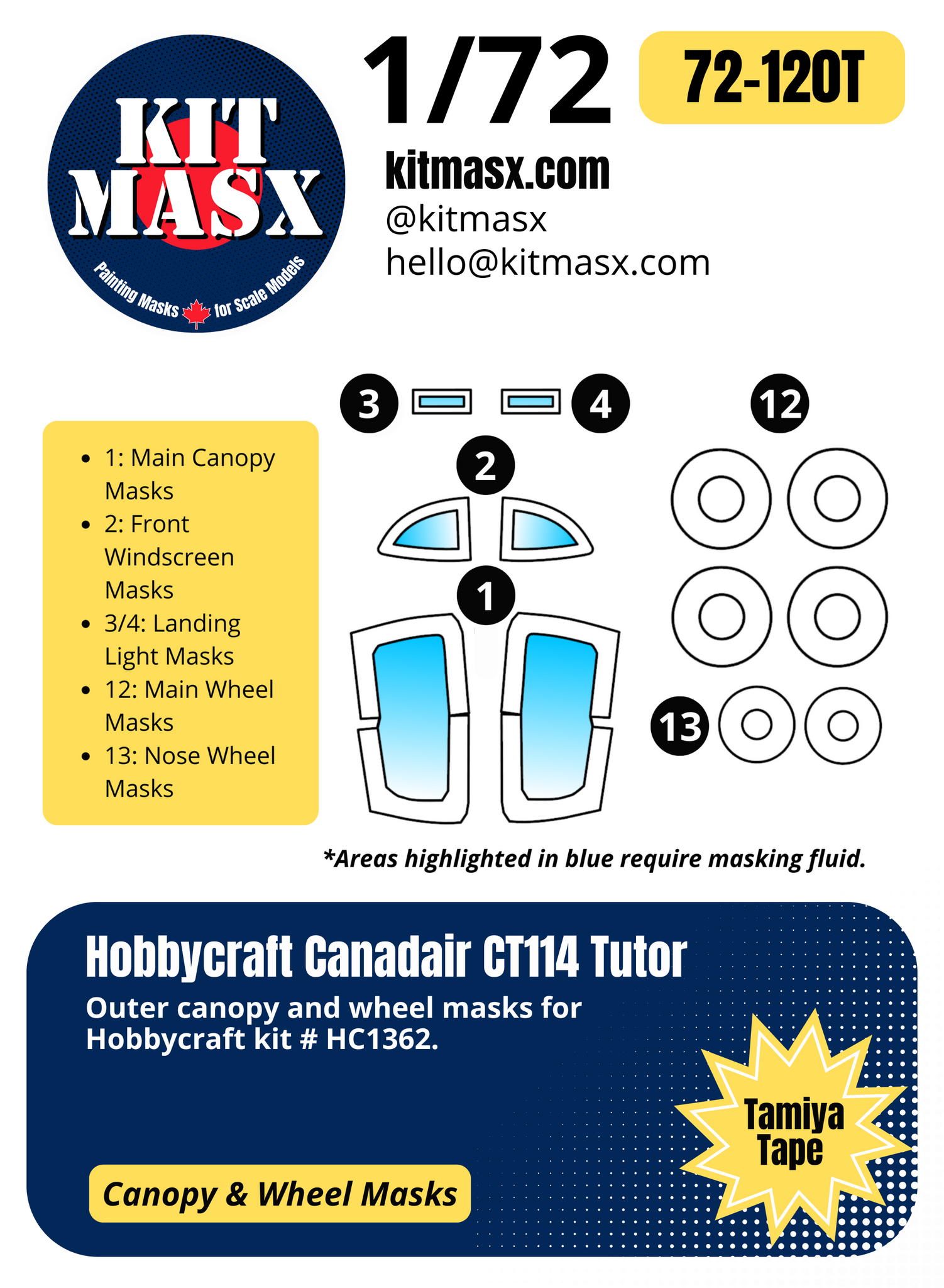 Hobbycraft Canadair CT114 Tutor 1/72 Canopy & Wheel Paint Masks, Kit # HC1362