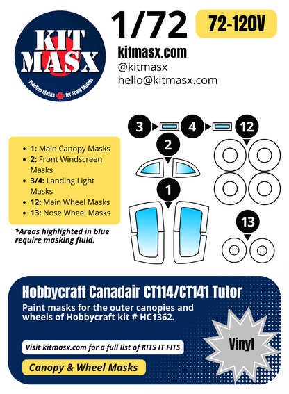 Hobbycraft Canadair CT114/CT141 Tutor 1/72 Canopy & Wheel Paint Masks, Kit # HC1362