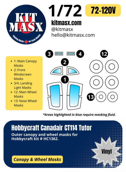 Hobbycraft Canadair CT114 Tutor 1/72 Canopy & Wheel Paint Masks, Kit # HC1362