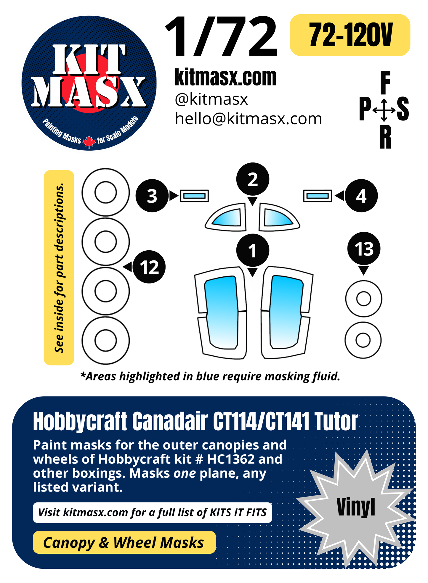 Hobbycraft Canadair CT114/CT141 Tutor 1/72 Canopy & Wheel Paint Masks, Kit # HC1362
