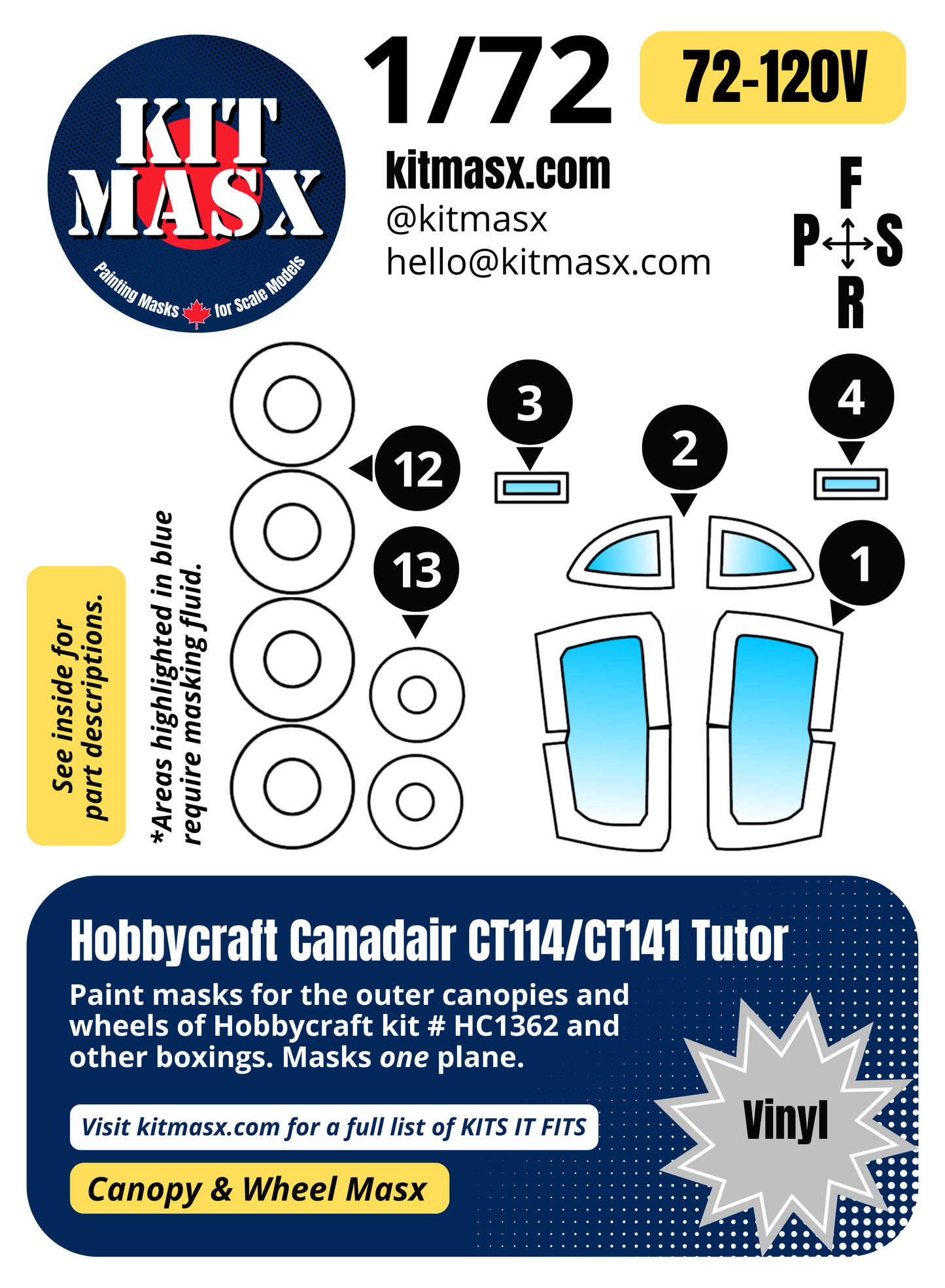 Hobbycraft Canadair CT114/CT141 Tutor 1/72 Canopy & Wheel Paint Masks, Kit # HC1362 (72120)