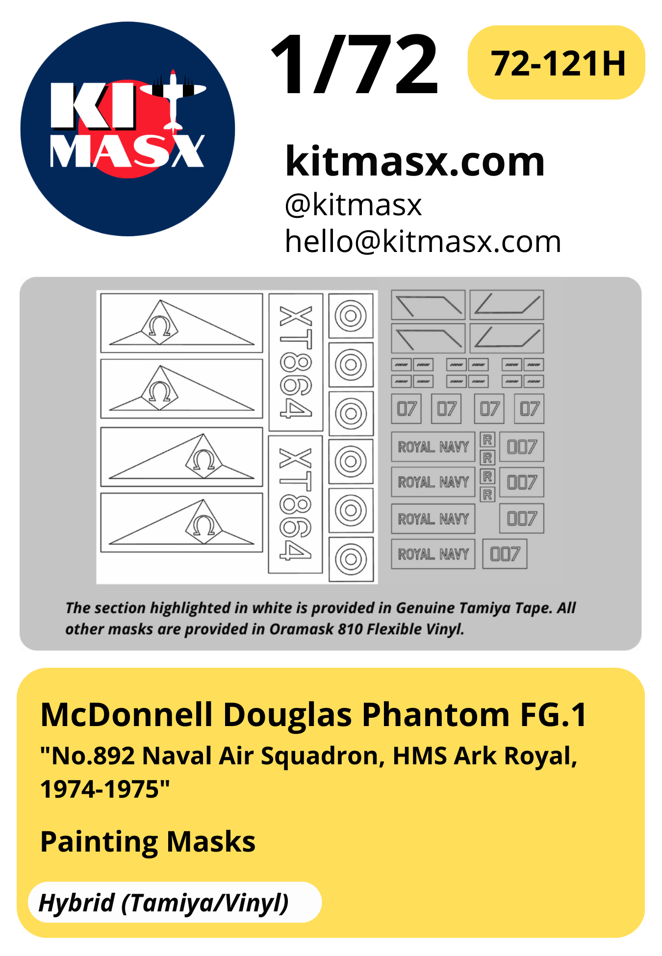 Airfix McDonnell Douglas Phantom FG.1 "No.892 Naval Air Squadron, HMS Ark Royal, 1974-1975" 1/72 Main Marking Paint Masks, Kit # A06016