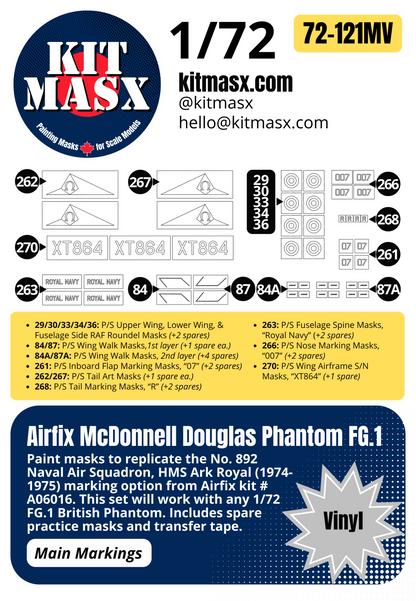 Airfix McDonnell Douglas Phantom FG.1 "No.892 Naval Air Squadron, HMS Ark Royal, 1974-1975" 1/72 Main Marking Paint Masks, Kit # A06016