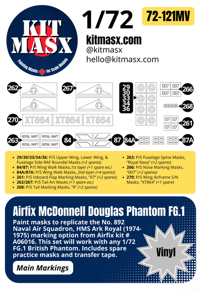 Airfix McDonnell Douglas Phantom FG.1 "No.892 Naval Air Squadron, HMS Ark Royal, 1974-1975" 1/72 Main Marking Paint Masks, Kit # A06016