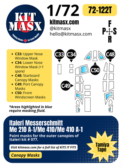 Italeri Messerschmitt Me 210 A-1/Me 410/Me 410 A-1 1/72 Canopy Paint Masks, Kit # 077