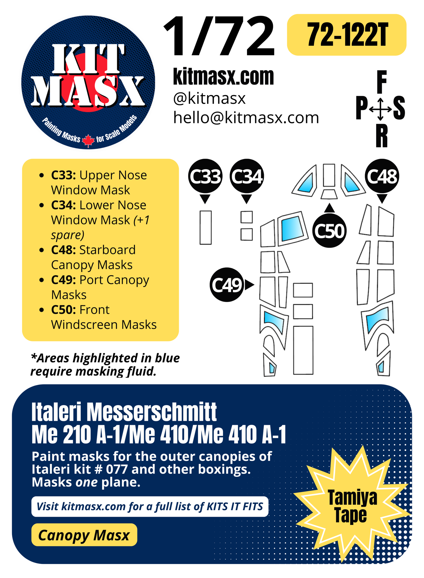 Italeri Messerschmitt Me 210 A-1/Me 410/Me 410 A-1 1/72 Canopy Paint Masks, Kit # 077