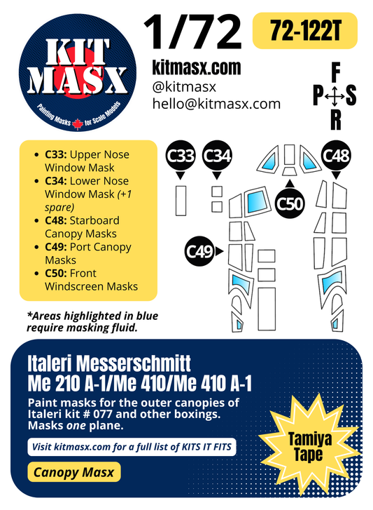 Italeri Messerschmitt Me 210 A-1/Me 410/Me 410 A-1 1/72 Canopy Paint Masks, Kit # 077