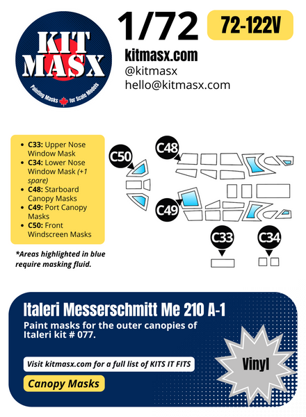 Italeri Messerschmitt Me 210 A-1 1/72 Canopy Paint Masks, Kit # 077