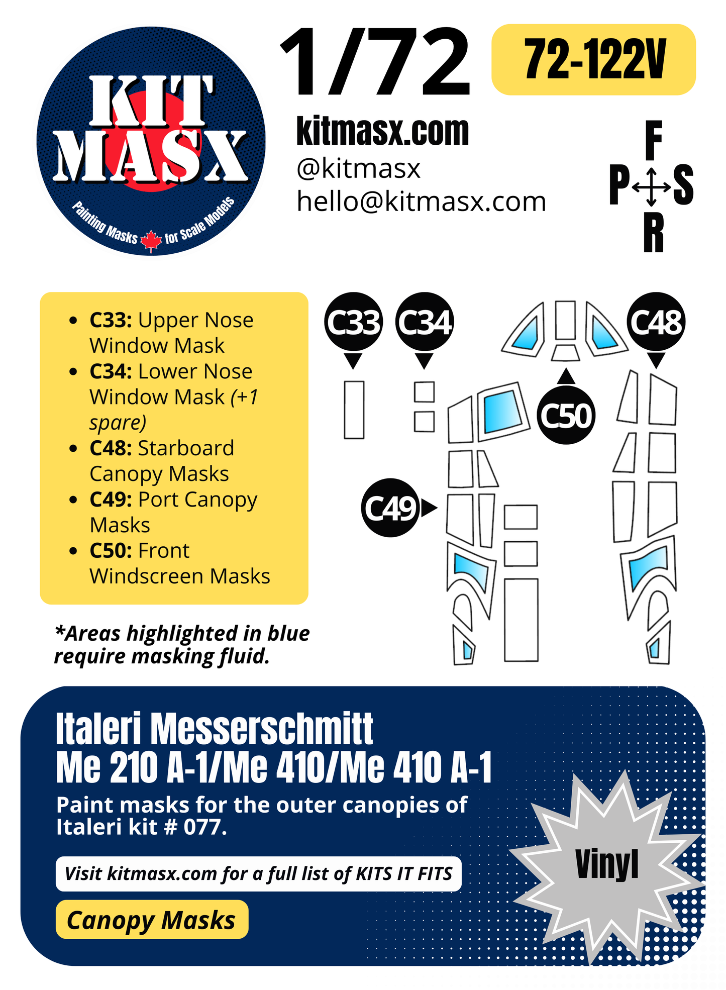 Italeri Messerschmitt Me 210 A-1/Me 410/Me 410 A-1 1/72 Canopy Paint Masks, Kit # 077