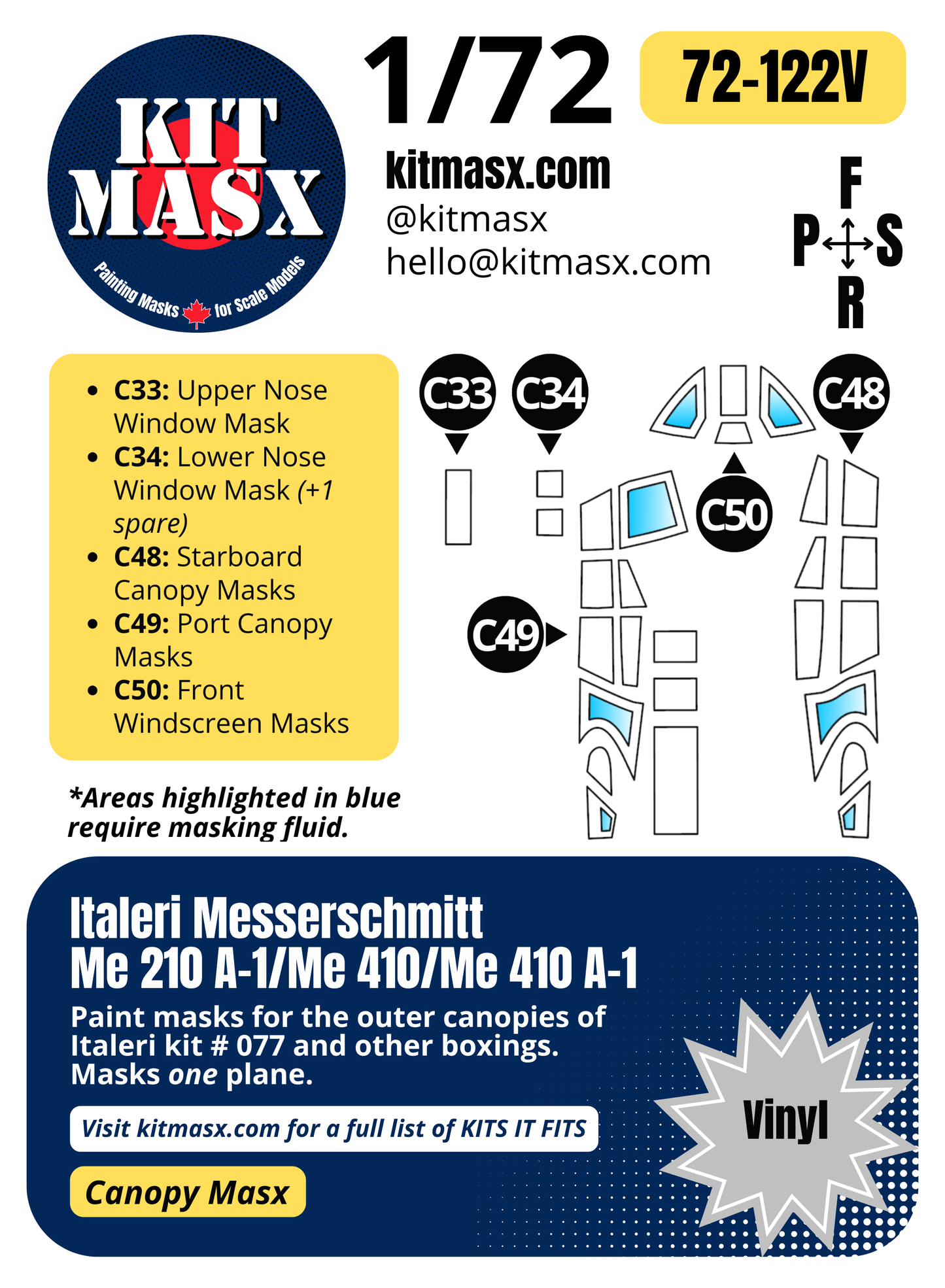 Italeri Messerschmitt Me 210 A-1/Me 410/Me 410 A-1 1/72 Canopy Paint Masks, Kit # 077