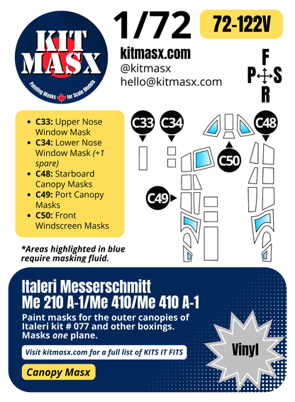 Italeri Messerschmitt Me 210 A-1/Me 410/Me 410 A-1 1/72 Canopy Paint Masks, Kit # 077