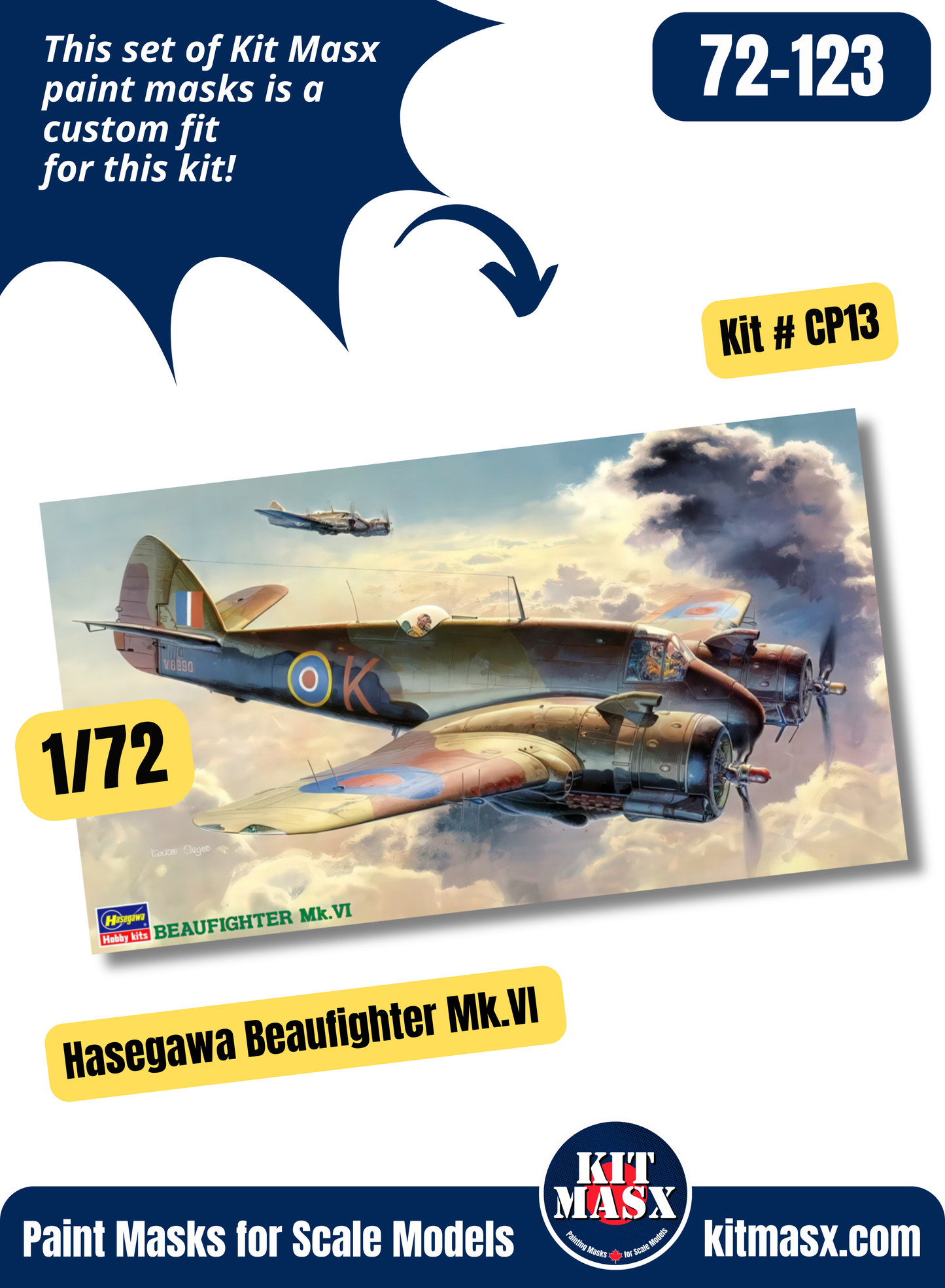Hasegawa Beaufighter Mk.I, Mk. IC, Mk. IF, Mk.VI, Mk.VIC, Mk.VIF, Mk.X, TT Mk.X, Mk.21 1/72 Canopy Paint Masks, Kit # CP13