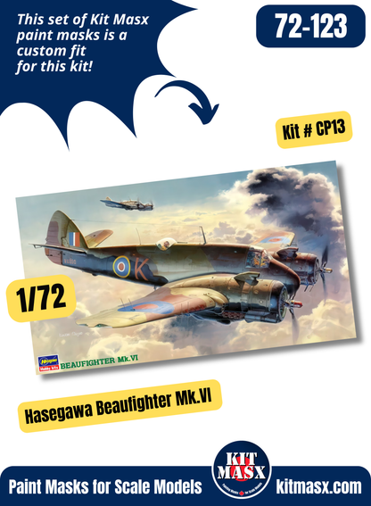 Hasegawa Beaufighter Mk.I, Mk. IC, Mk. IF, Mk.VI, Mk.VIC, Mk.VIF, Mk.X, TT Mk.X, Mk.21 1/72 Canopy Paint Masks, Kit # CP13