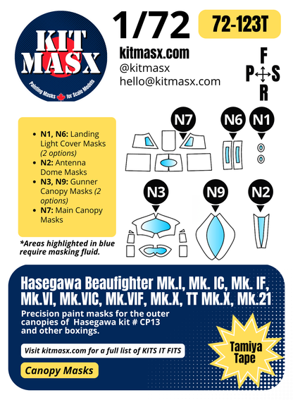 Hasegawa Beaufighter Mk.I, Mk. IC, Mk. IF, Mk.VI, Mk.VIC, Mk.VIF, Mk.X, TT Mk.X, Mk.21 1/72 Canopy Paint Masks, Kit # CP13
