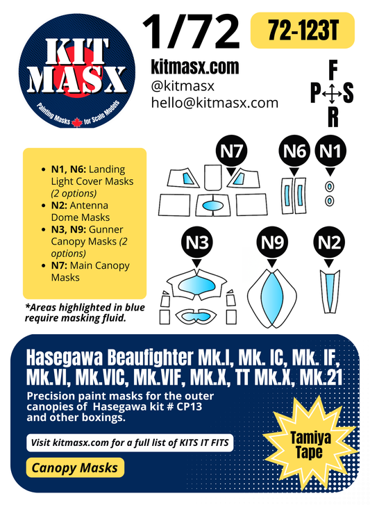 Hasegawa Beaufighter Mk.I, Mk. IC, Mk. IF, Mk.VI, Mk.VIC, Mk.VIF, Mk.X, TT Mk.X, Mk.21 1/72 Canopy Paint Masks, Kit # CP13