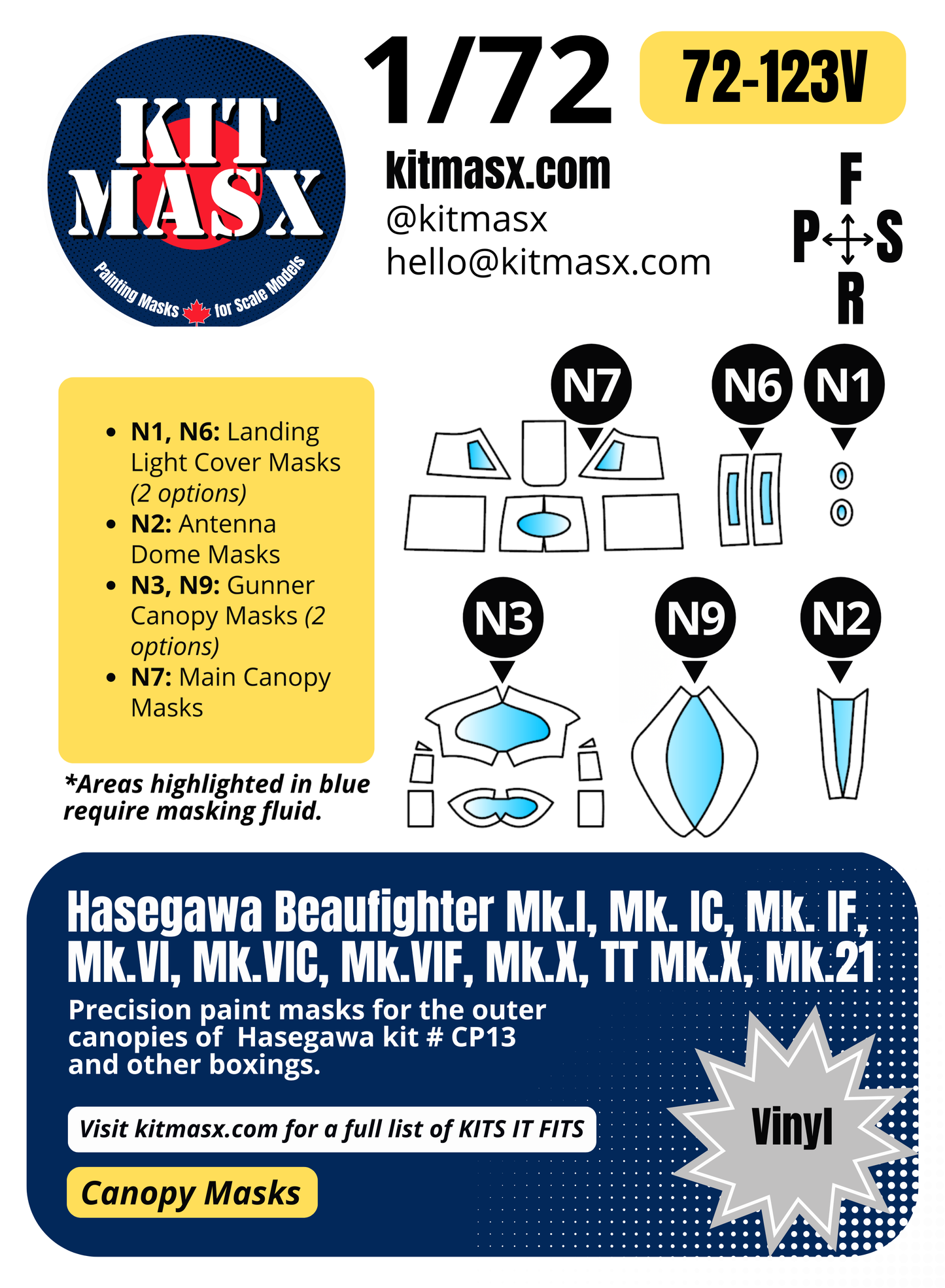 Hasegawa Beaufighter Mk.I, Mk. IC, Mk. IF, Mk.VI, Mk.VIC, Mk.VIF, Mk.X, TT Mk.X, Mk.21 1/72 Canopy Paint Masks, Kit # CP13