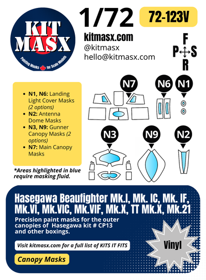 Hasegawa Beaufighter Mk.I, Mk. IC, Mk. IF, Mk.VI, Mk.VIC, Mk.VIF, Mk.X, TT Mk.X, Mk.21 1/72 Canopy Paint Masks, Kit # CP13