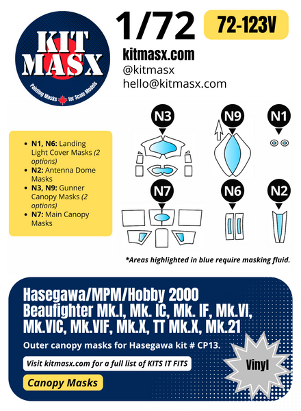 Hasegawa Beaufighter Mk.I, Mk. IC, Mk. IF, Mk.VI, Mk.VIC, Mk.VIF, Mk.X, TT Mk.X, Mk.21 1/72 Canopy Paint Masks, Kit # CP13