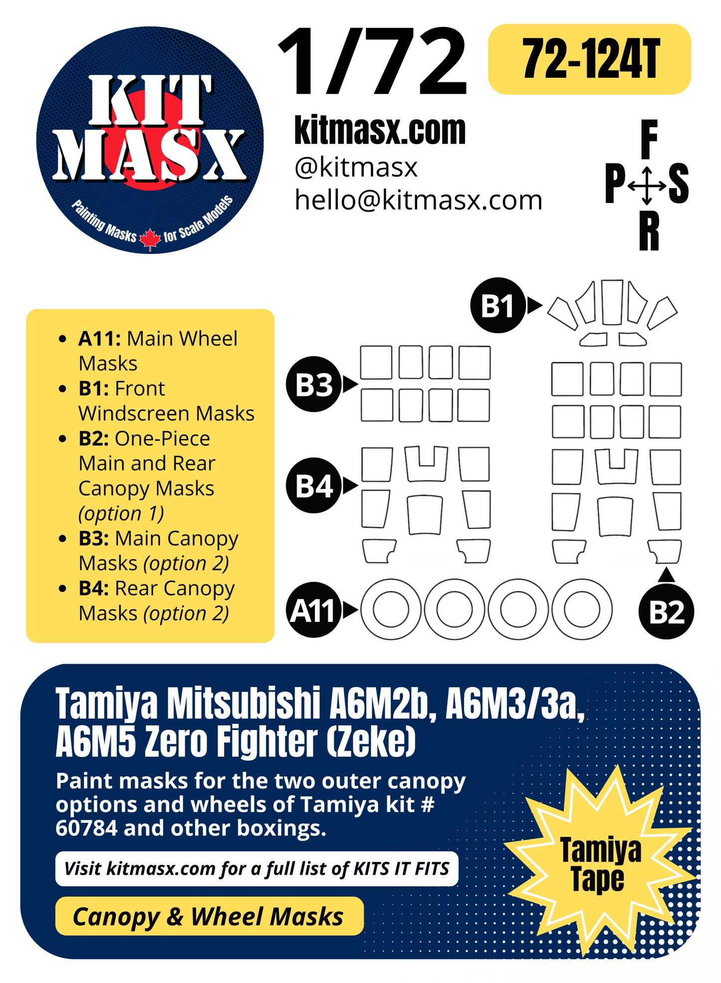 Tamiya Mitsubishi A6M2b, A6M3/3a, A6M5 Zero Fighter "Zeke" 1/72 Canopy & Wheel Paint Masks, Kit # 60784