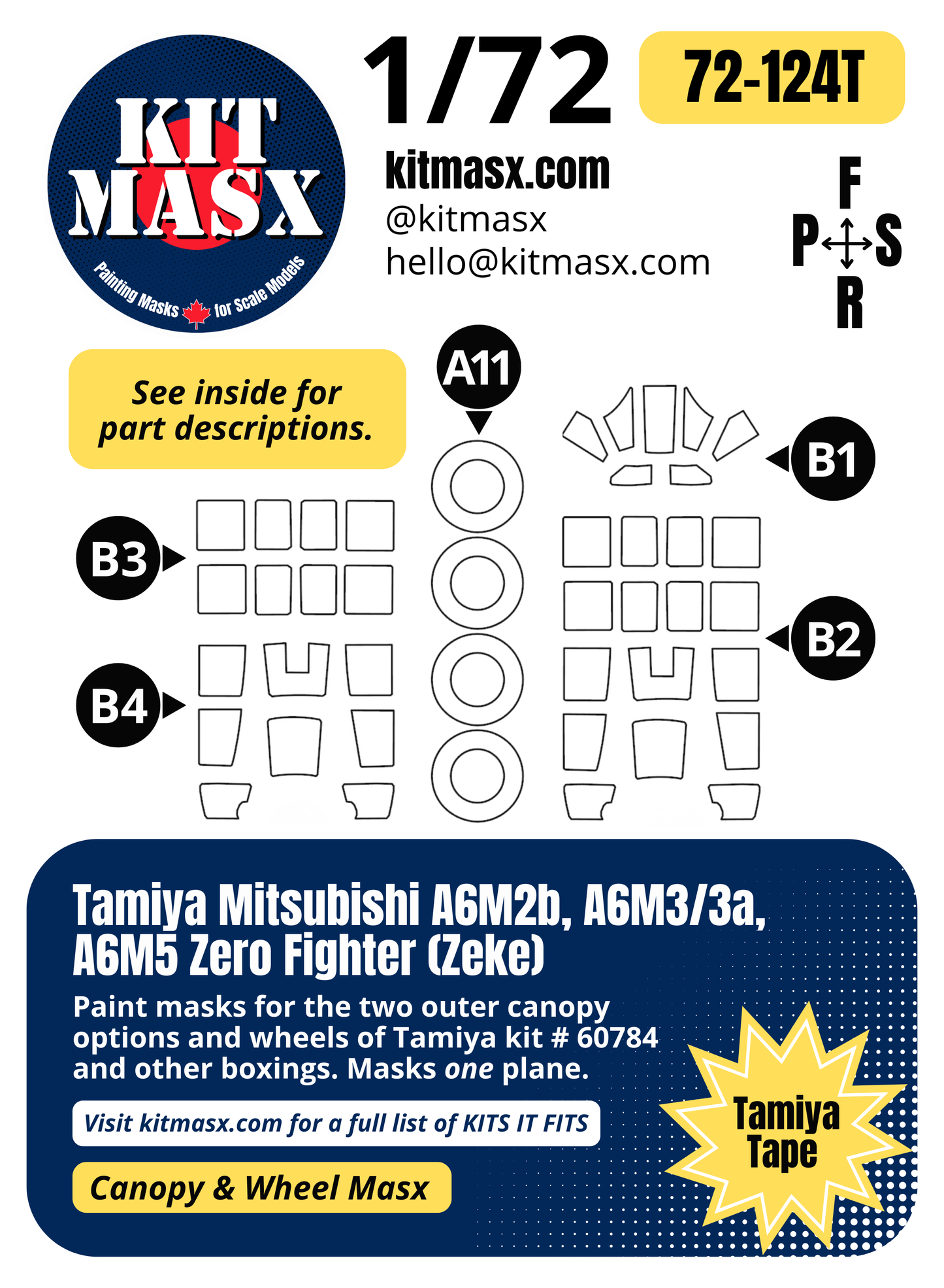 Tamiya Mitsubishi A6M2b, A6M3/3a, A6M5 Zero Fighter "Zeke" 1/72 Canopy & Wheel Paint Masks, Kit # 60784 (72124)