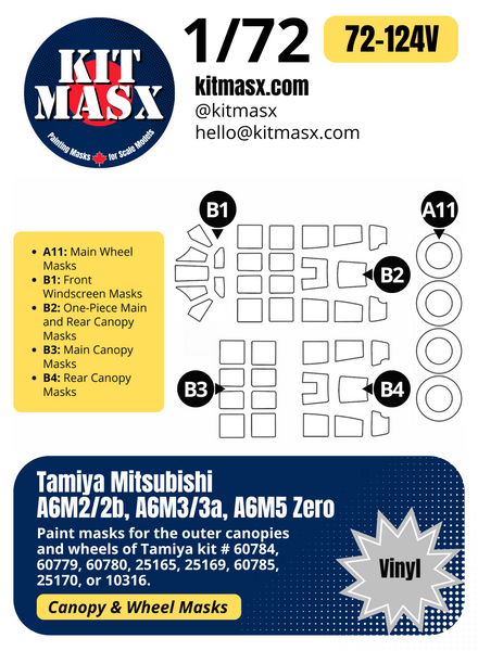 Tamiya Mitsubishi A6M2/2b, A6M3/3a, A6M5 Zero 1/72 Canopy & Wheel Paint Masks, Kit # 60784