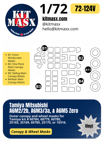 Tamiya Mitsubishi A6M2/2b, A6M3/3a, & A6M5 Zero 1/72 Canopy & Wheel Paint Masks