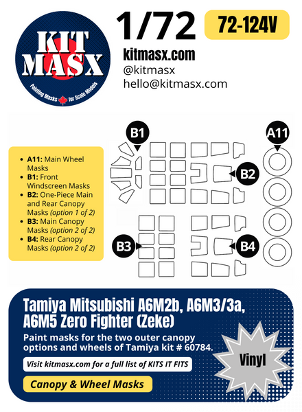 Tamiya Mitsubishi A6M2b, A6M3/3a, A6M5 Zero Fighter "Zeke" 1/72 Canopy & Wheel Paint Masks, Kit # 60784