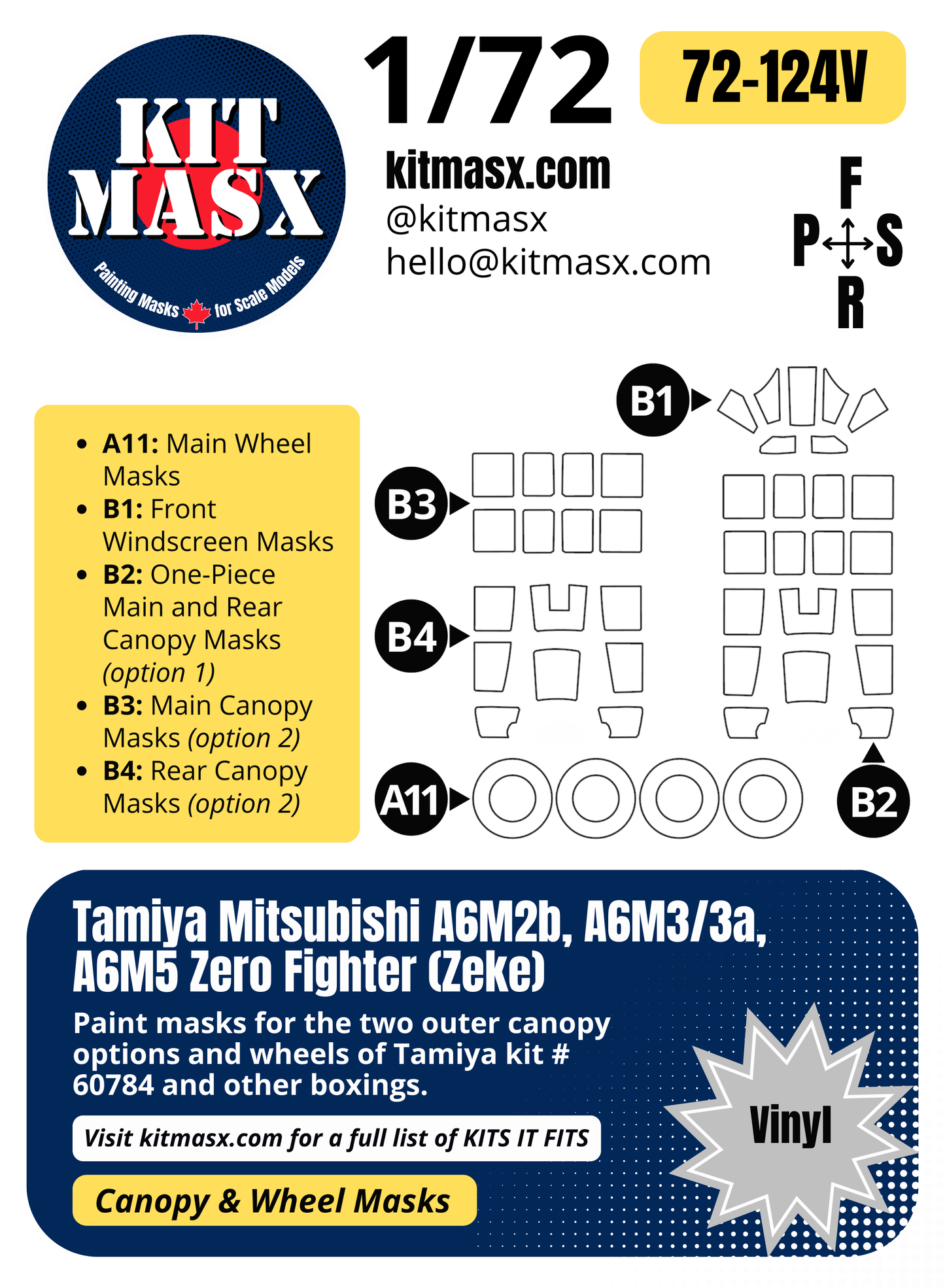 Tamiya Mitsubishi A6M2b, A6M3/3a, A6M5 Zero Fighter "Zeke" 1/72 Canopy & Wheel Paint Masks, Kit # 60784