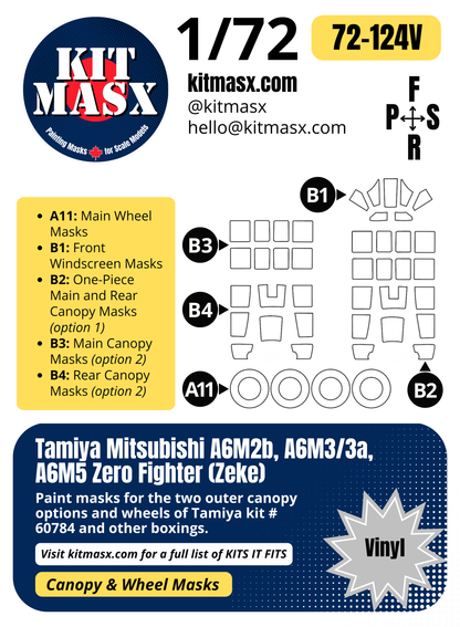 Tamiya Mitsubishi A6M2b, A6M3/3a, A6M5 Zero Fighter "Zeke" 1/72 Canopy & Wheel Paint Masks, Kit # 60784
