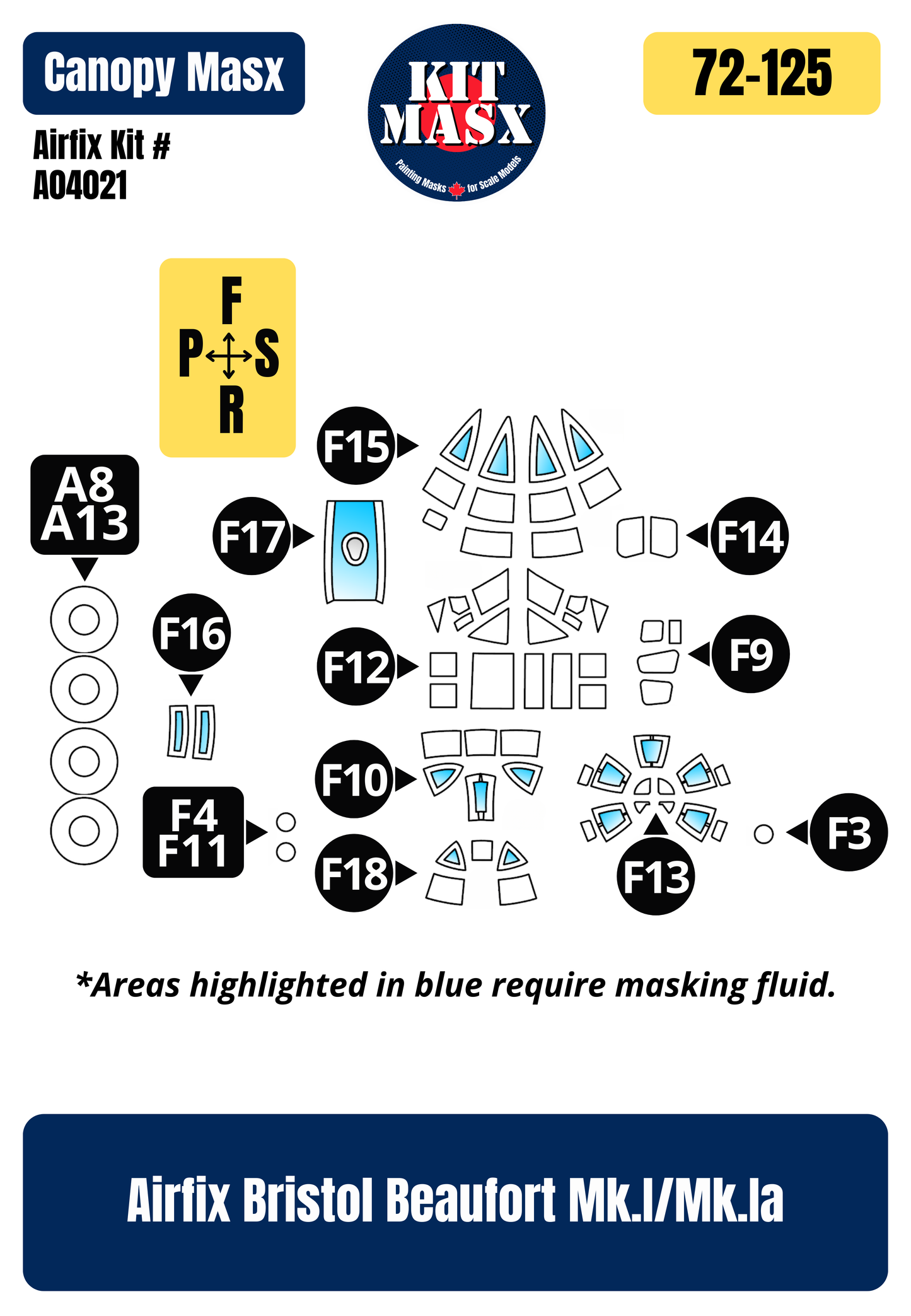 Airfix Bristol Beaufort Mk.I/Mk.IA 1/72 Canopy & Wheel Paint Masks, Kit # A04021
