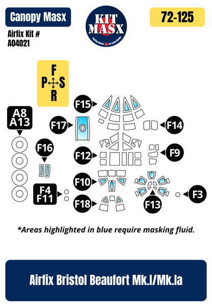 Airfix Bristol Beaufort Mk.I/Mk.IA 1/72 Canopy & Wheel Paint Masks, Kit # A04021